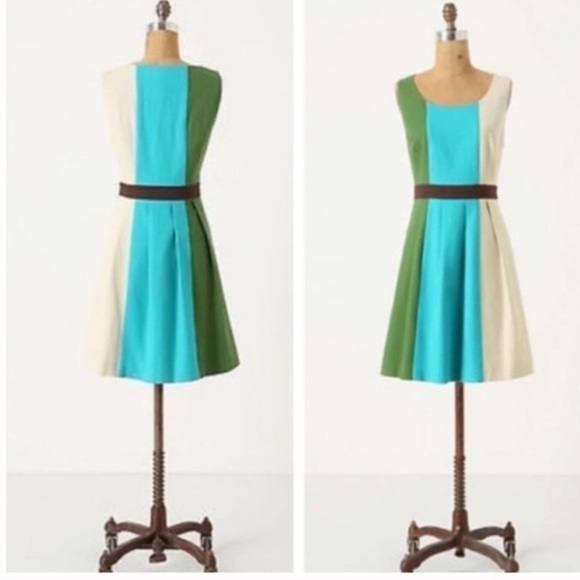 Anthropologie Tabitha size 6 Green & Blue Pleated Cotton Color-block Mini Dress - Picture 5 of 8